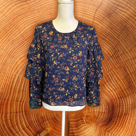 Madewell ‘Ruffle Sleeve Top’ in “Oriental Floral Midnight” Navy Blue Size Small - Picture 4 of 16